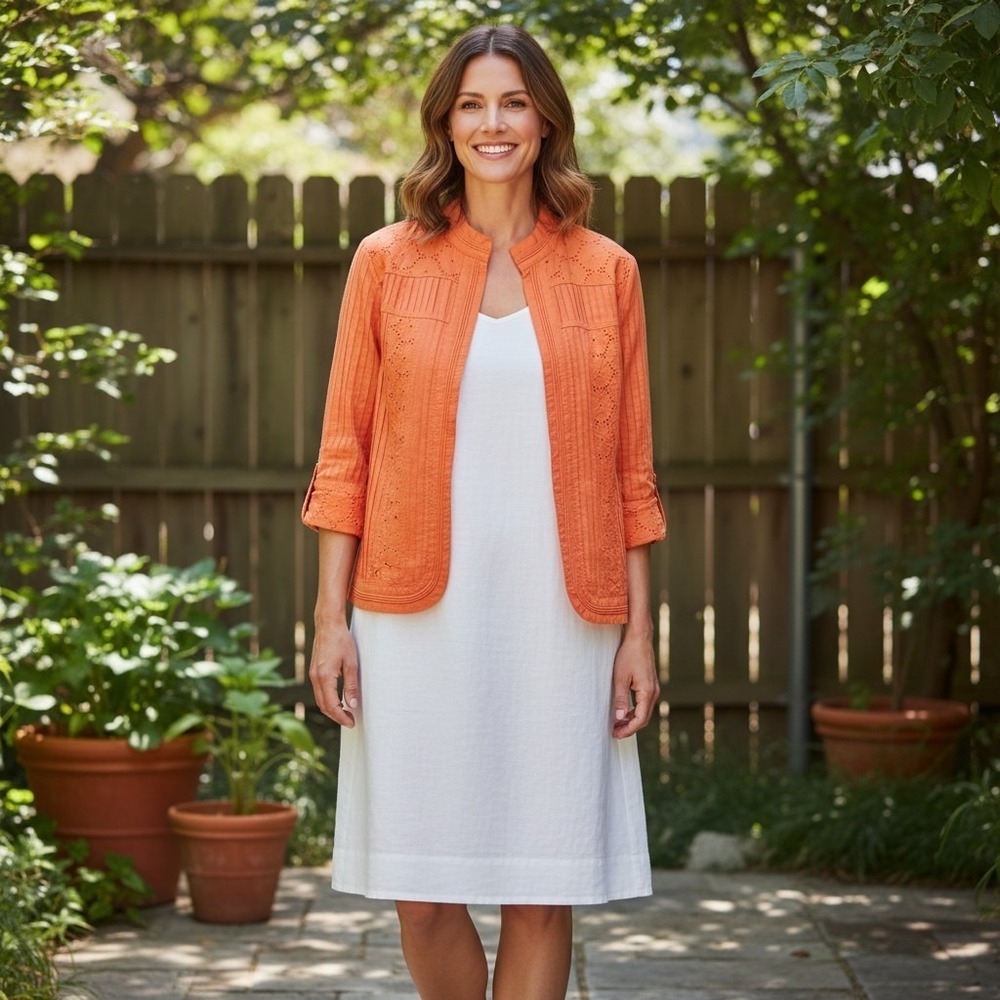 TanJay Floral Eyelet Pleated Open Front 3/4 Sleeve Lined Jacket Size 10 Orange